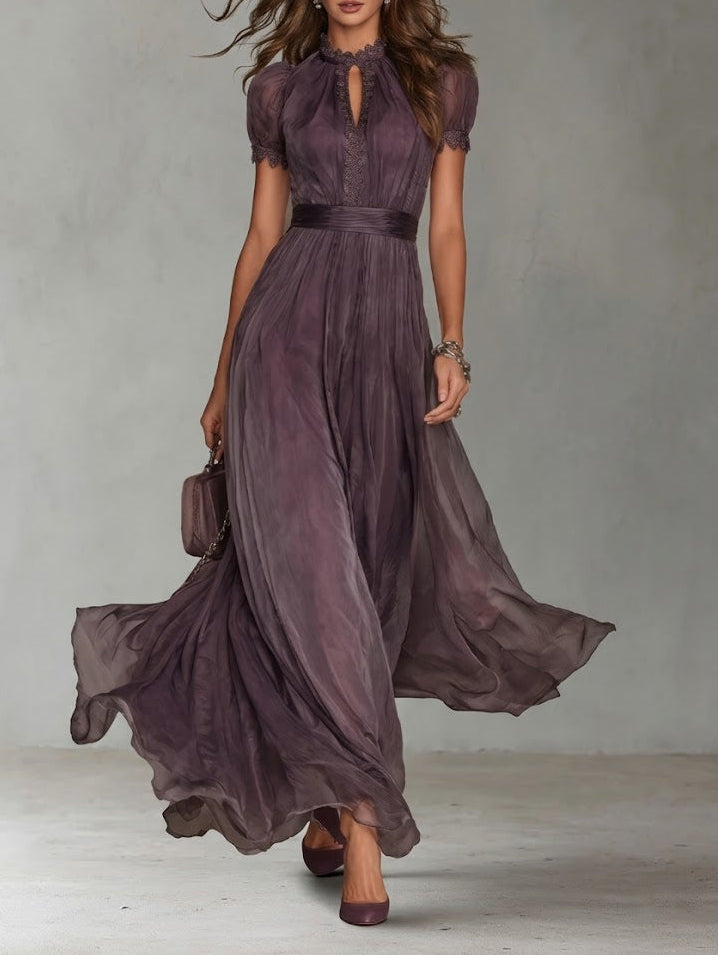 Flavia - Purple Chiffon Maxi Dress with Keyhole Neckline and Lace