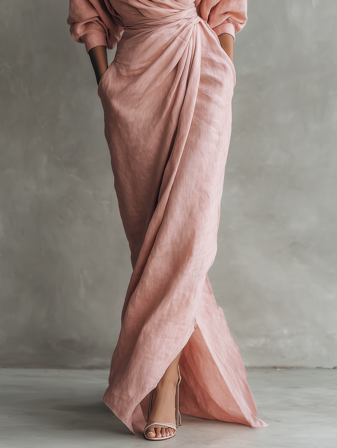 Isabel - Minimalist Pink Linen-Blend V-Neck Maxi Dress