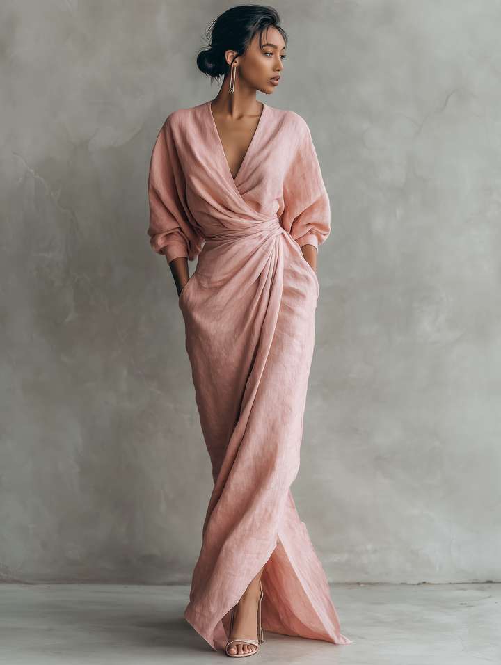 Isabel - Minimalist Pink Linen-Blend V-Neck Maxi Dress