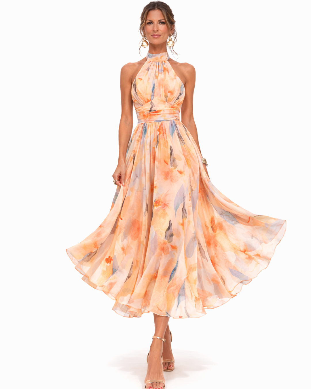 Aurora - Watercolour Print Halterneck Dress