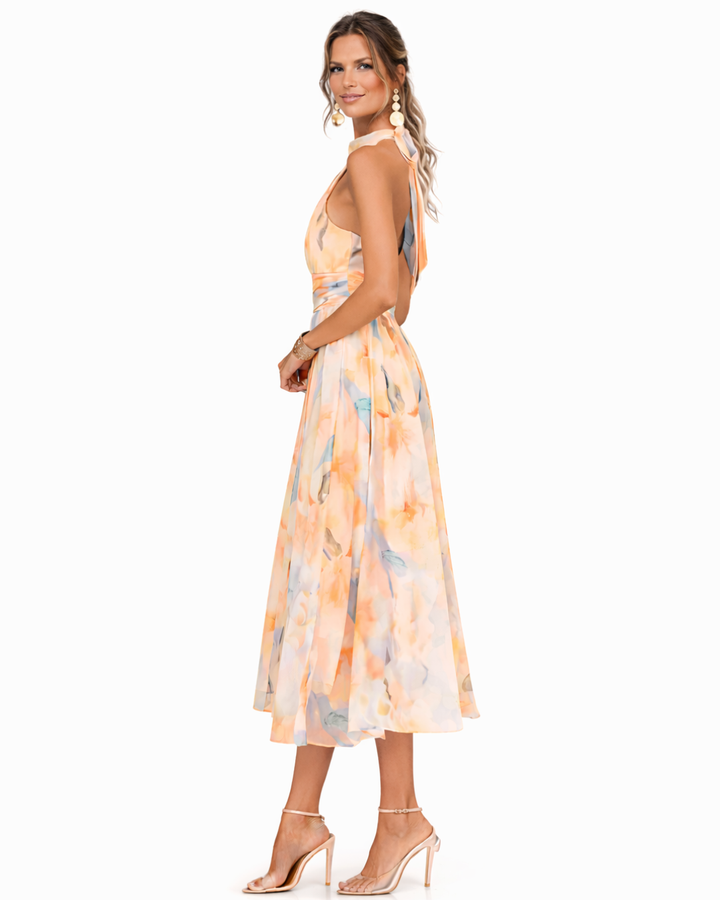 Aurora - Watercolour Print Halterneck Dress