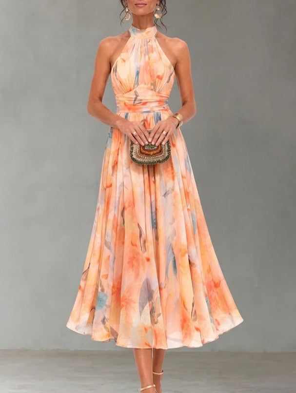 Aurora - Watercolour Print Halterneck Dress