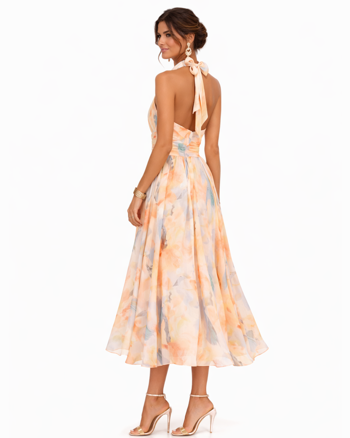 Aurora - Watercolour Print Halterneck Dress