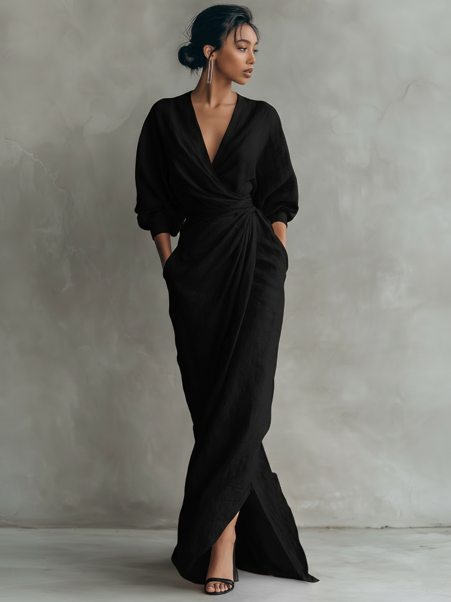 Isabel - Minimalist Pink Linen-Blend V-Neck Maxi Dress