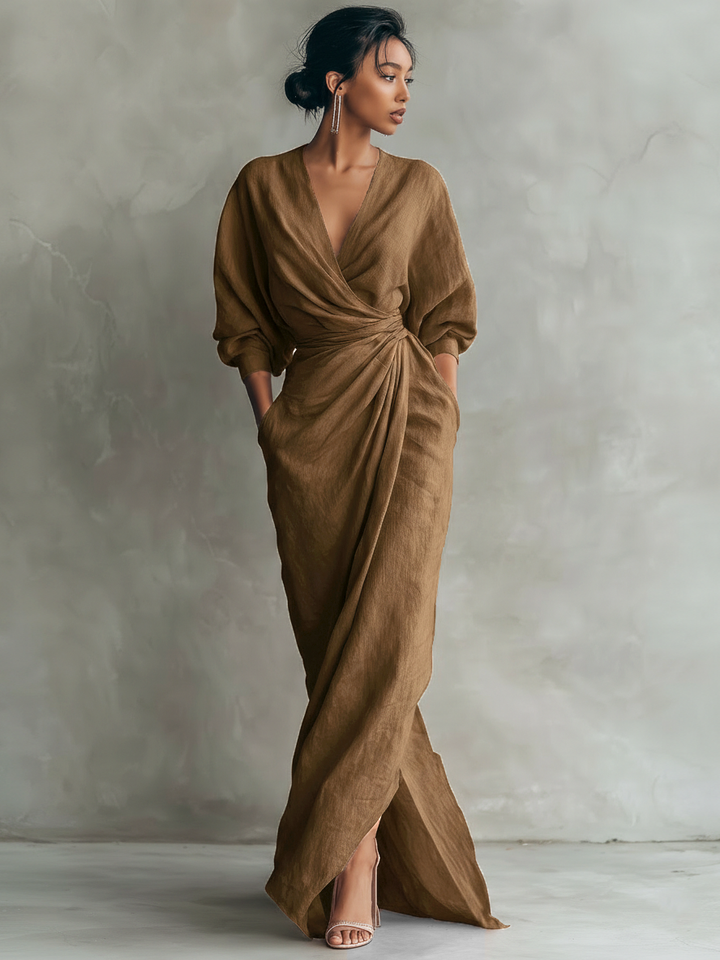 Isabel - Minimalist Pink Linen-Blend V-Neck Maxi Dress