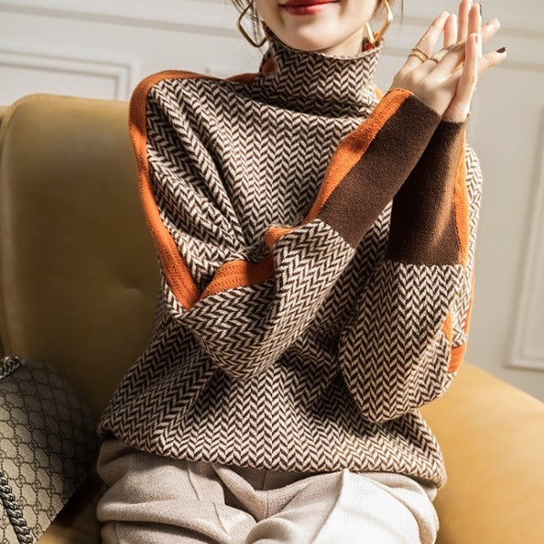 Eleanor | Luxury Herringbone High-Neck Jumper