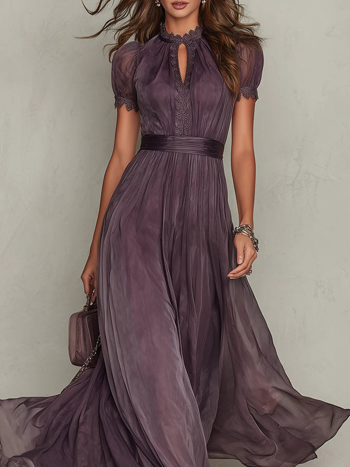 Flavia - Purple Chiffon Maxi Dress with Keyhole Neckline and Lace Trim