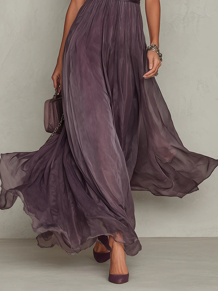 Flavia - Purple Chiffon Maxi Dress with Keyhole Neckline and Lace Trim