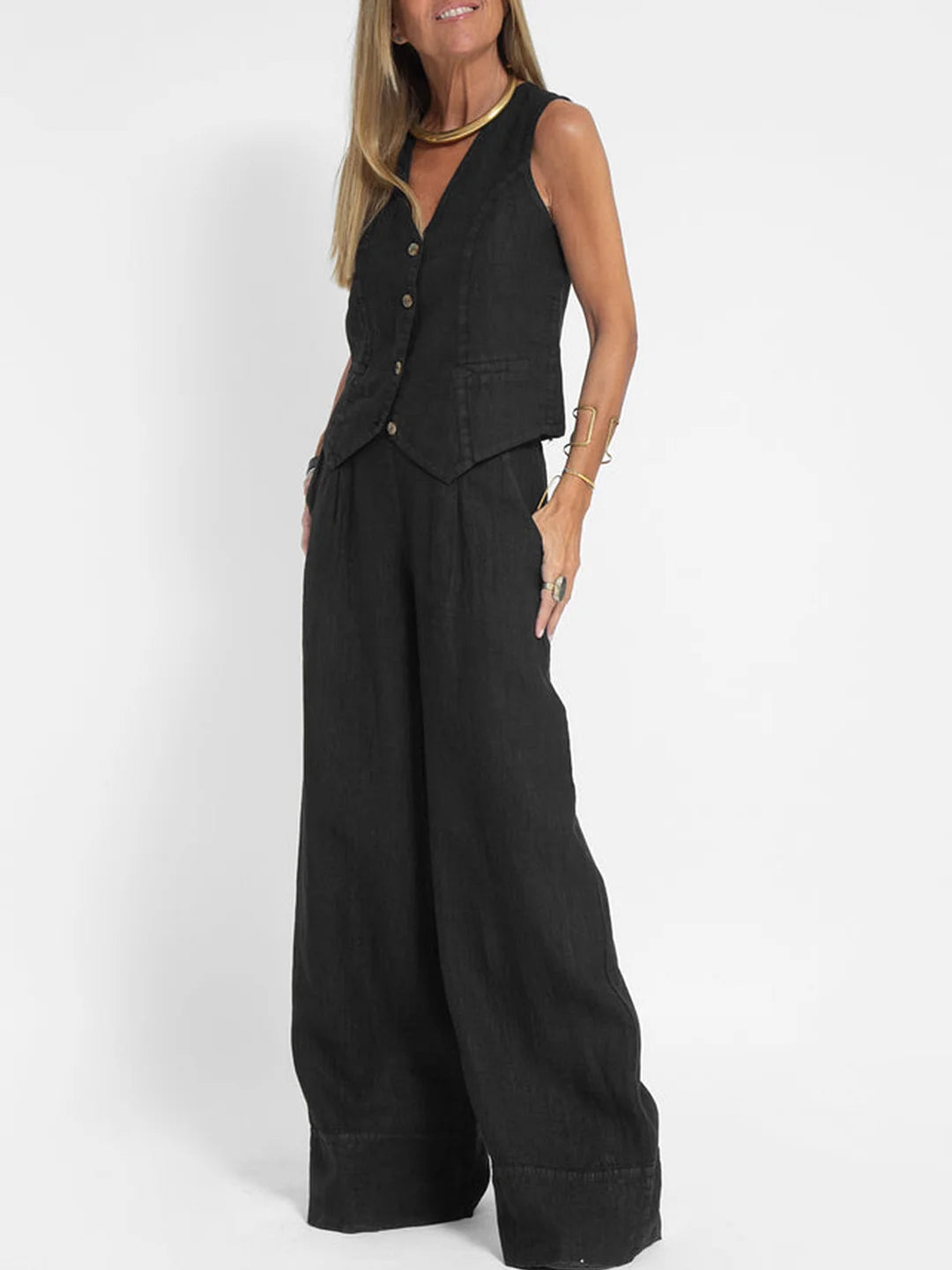 Aira | Buttoned Waistcoat & Wide-Leg Trousers Set