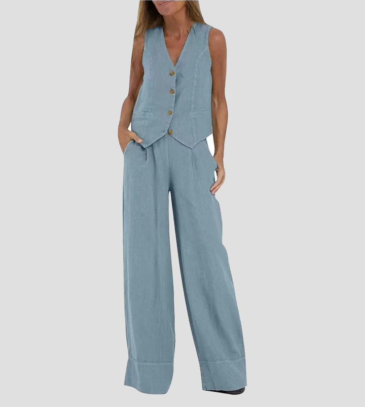 Aira | Buttoned Waistcoat & Wide-Leg Trousers Set