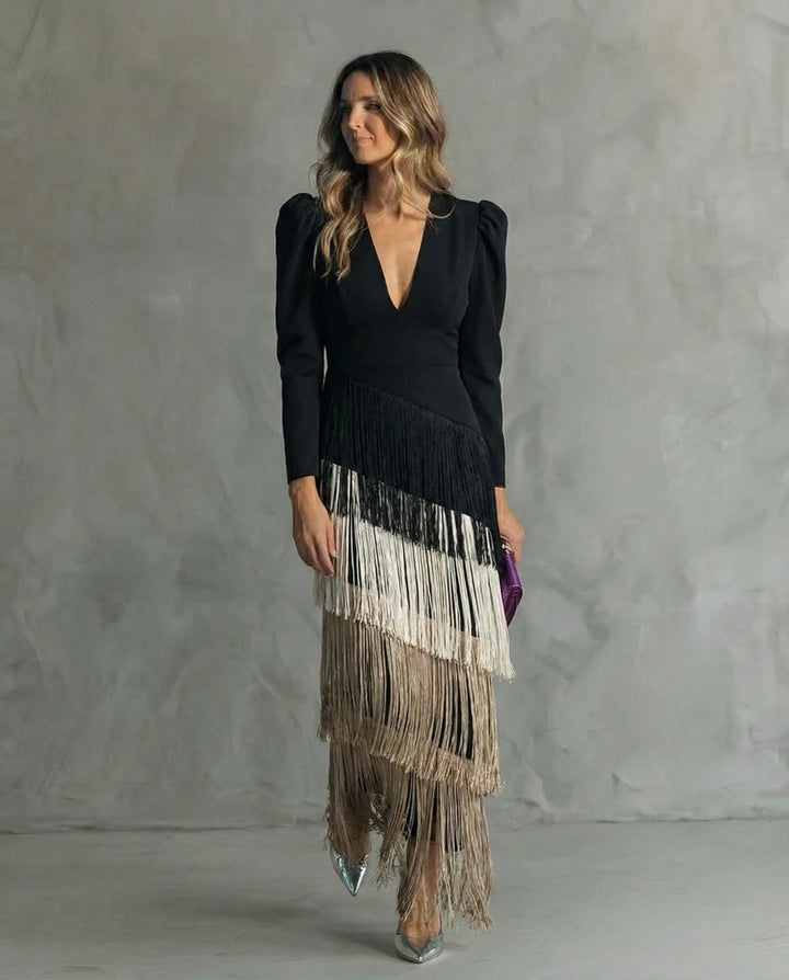 Alessia - Elegant Midi Dress with Fringe Sleeves