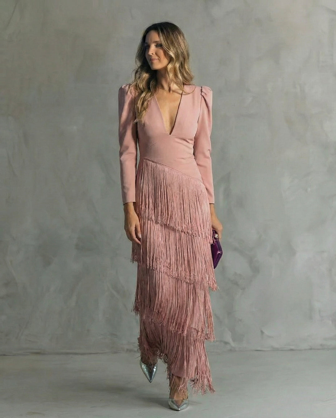 Alessia - Elegant Midi Dress with Fringe Sleeves