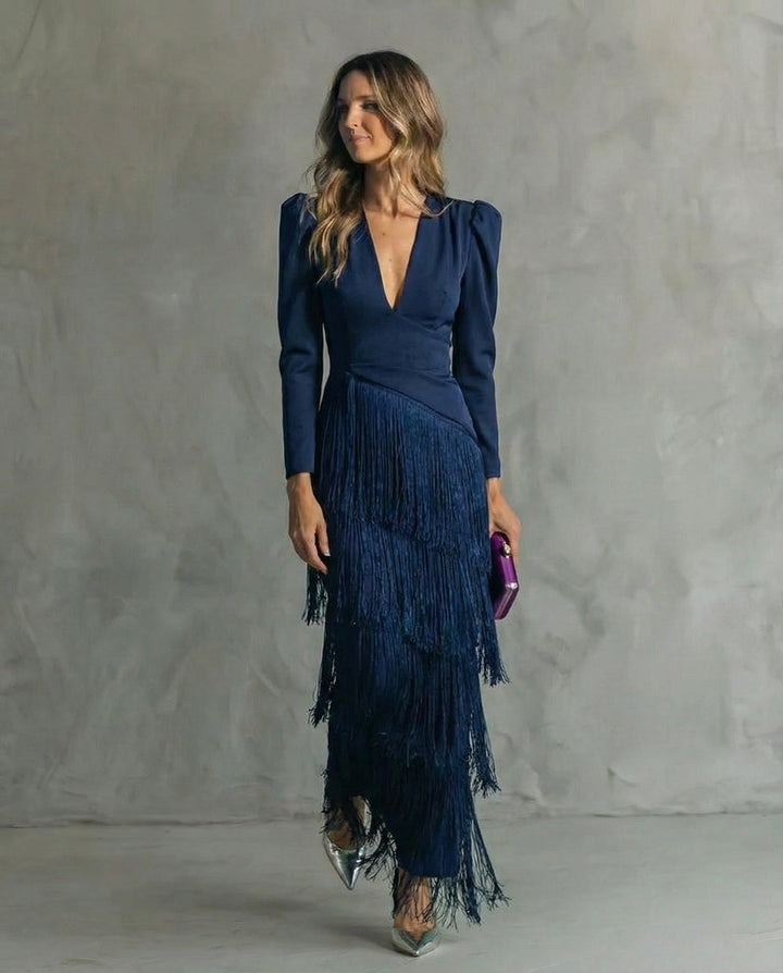 Alessia - Elegant Midi Dress with Fringe Sleeves