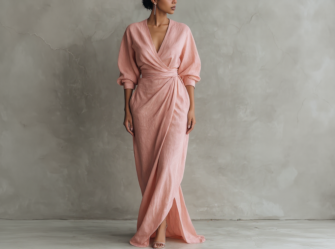 Isabel - Minimalist Pink Linen-Blend V-Neck Maxi Dress
