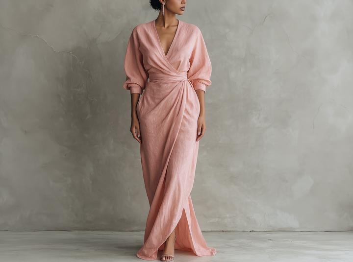 Isabel - Minimalist Pink Linen-Blend V-Neck Maxi Dress