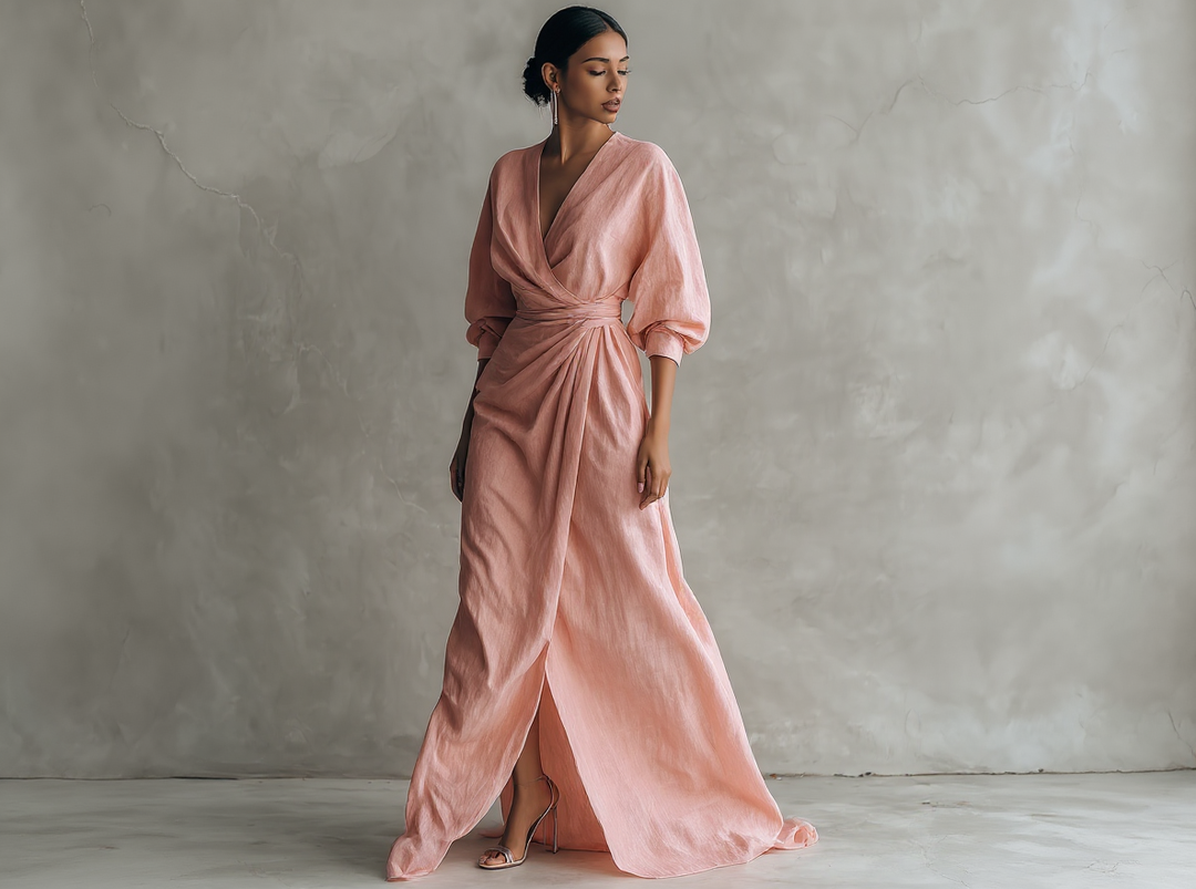 Isabel - Minimalist Pink Linen-Blend V-Neck Maxi Dress