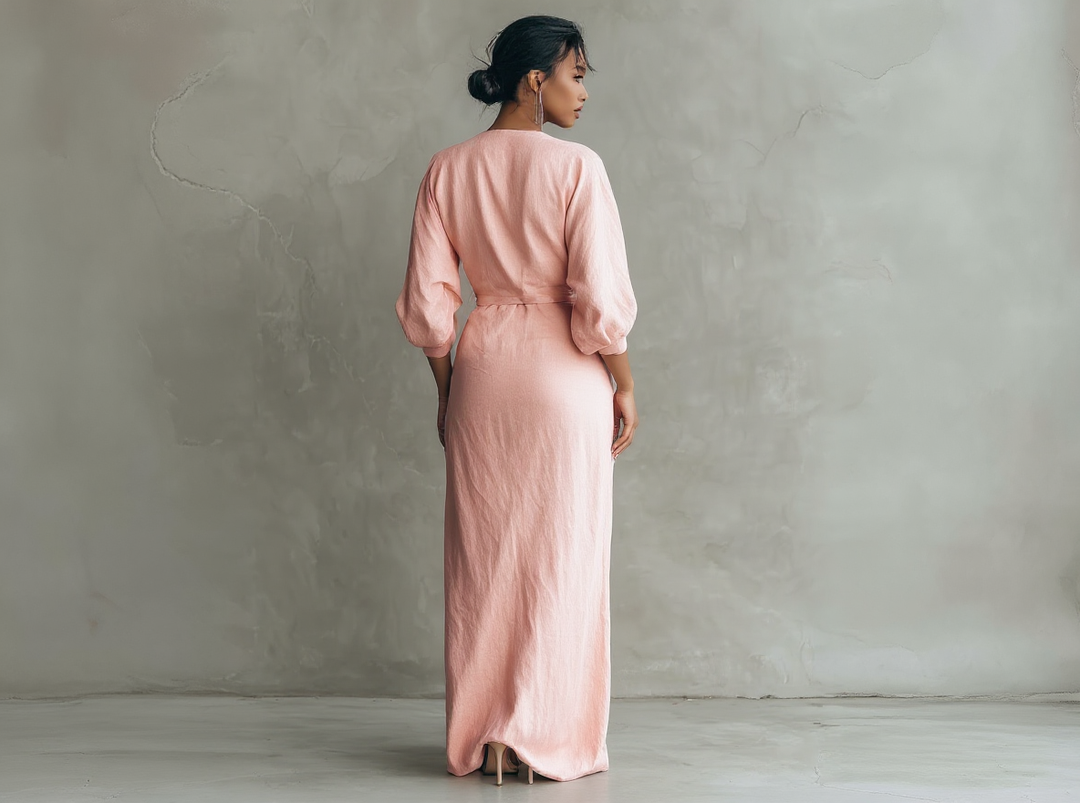 Isabel - Minimalist Pink Linen-Blend V-Neck Maxi Dress