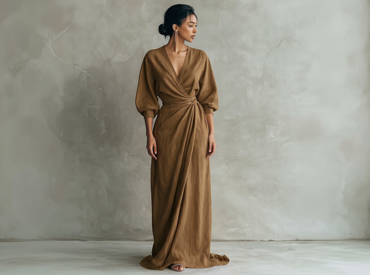 Isabel - Minimalist Pink Linen-Blend V-Neck Maxi Dress