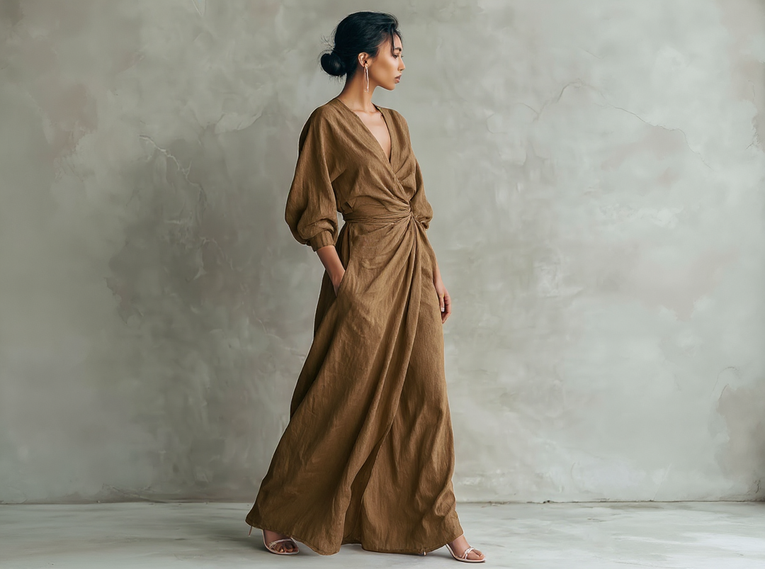 Isabel - Minimalist Pink Linen-Blend V-Neck Maxi Dress