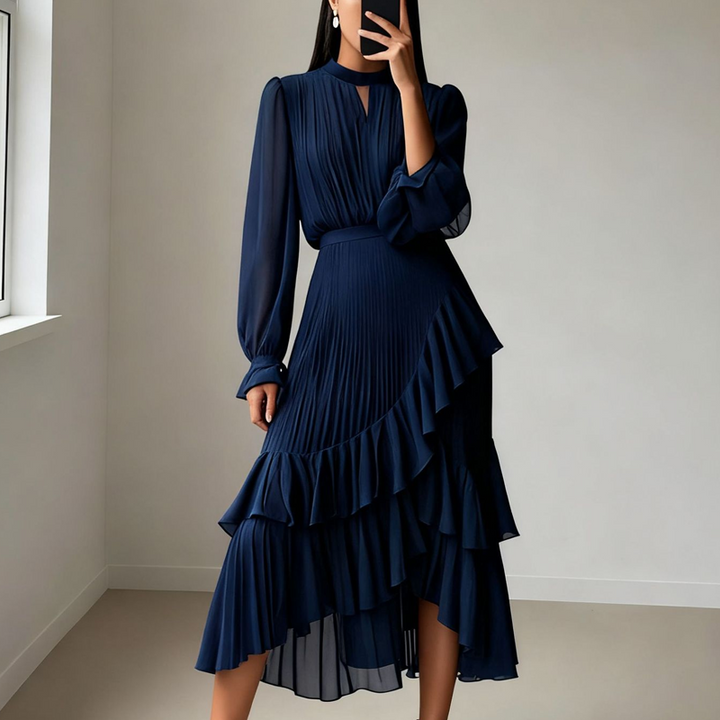 Camilla - Elegant Pleated Midi Dress with Ruffles