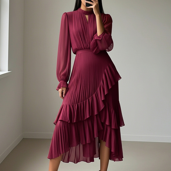 Camilla - Elegant Pleated Midi Dress with Ruffles