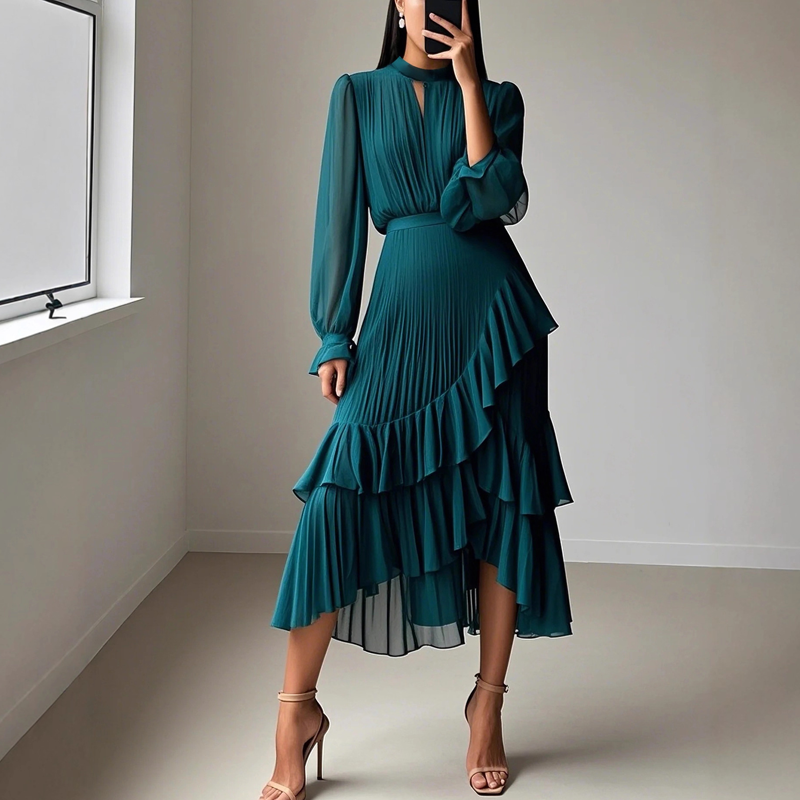 Camilla - Elegant Pleated Midi Dress with Ruffles